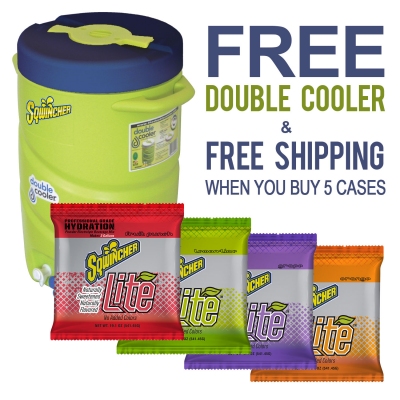 5 Cases Sqwincher LITE Low Calorie 3 Gallon Packs & FREE Double Cooler