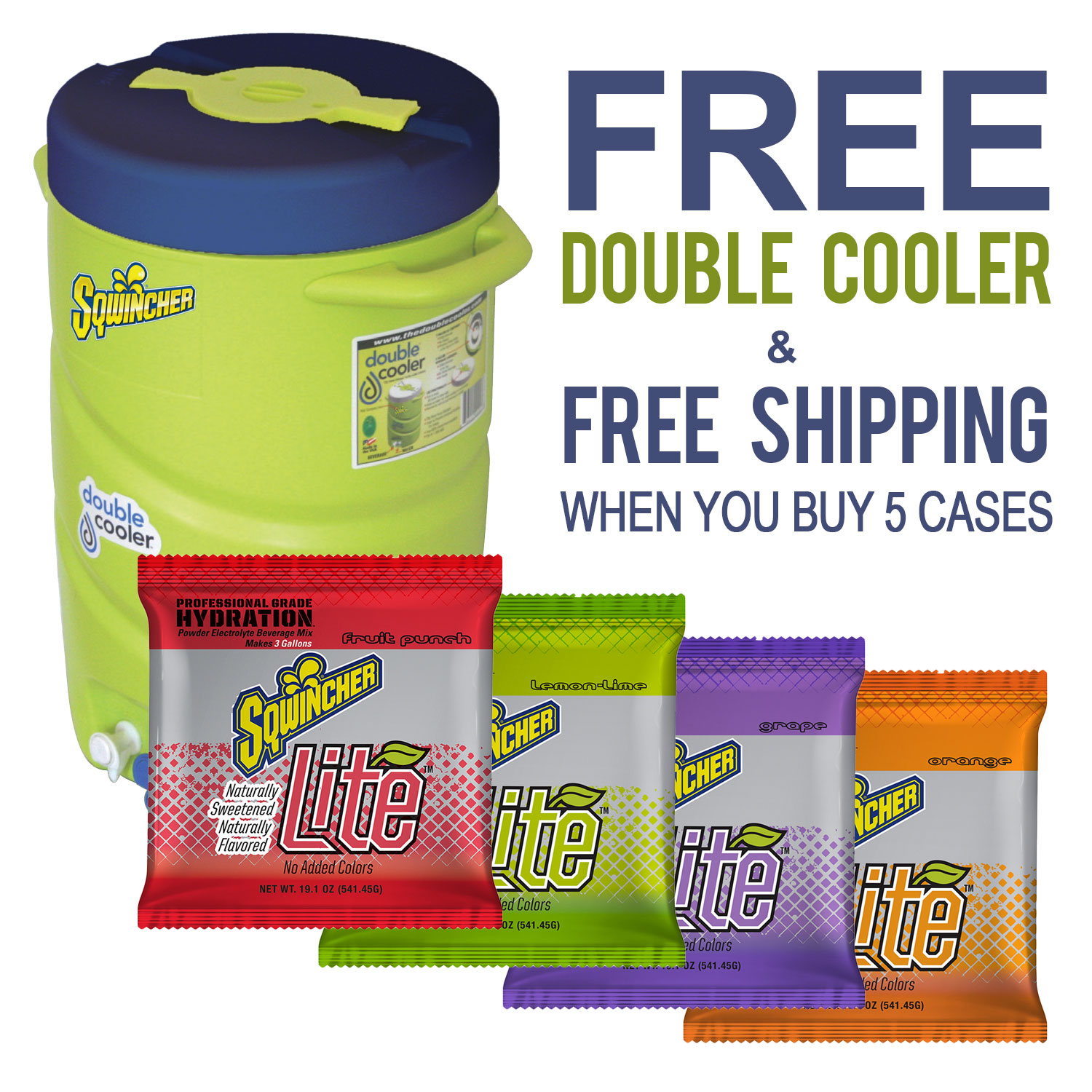 5 Cases Sqwincher LITE Low Calorie 3 Gallon Packs & FREE Double Cooler Hydration Depot
